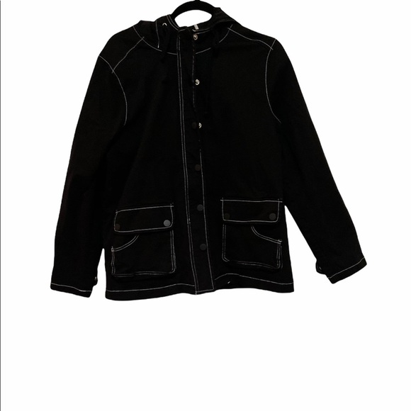 ModCloth Uncharted Territory Hooded Anorak Jacket in black with white stitching. - Picture 11 of 11